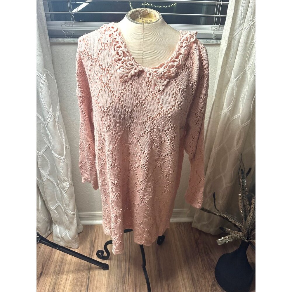 Vtg Crochet Knit Sweater Tunic Dress Floral Eyelet CollarLg Coquette Grannycore